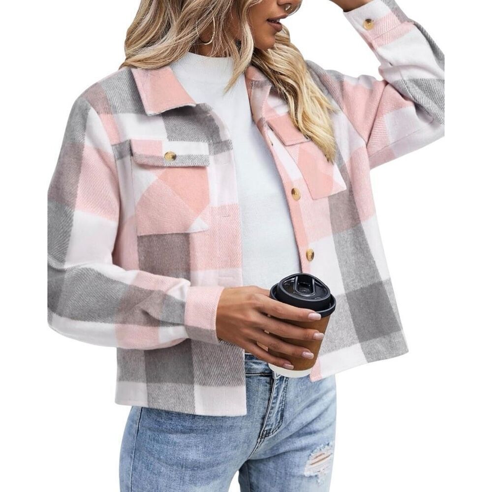 Cropped Shacket Jacket Shirt Plaid Long Sleeve Size Small Pink, Gray and Ivory